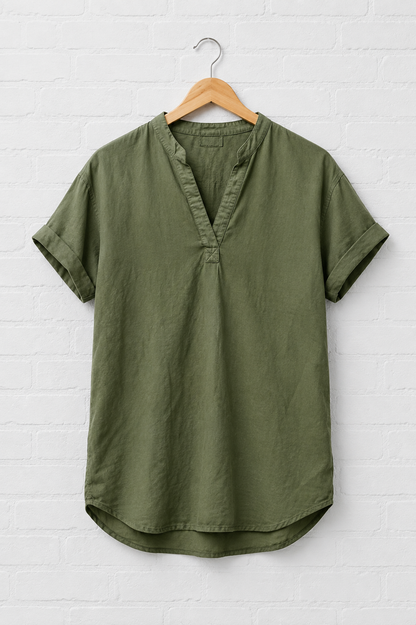 Olive V-Neck Popover Shirt — Relaxed Cotton