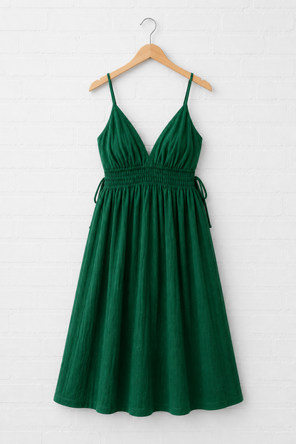 Emerald V-Neck Cami Dress — Smocked Waist