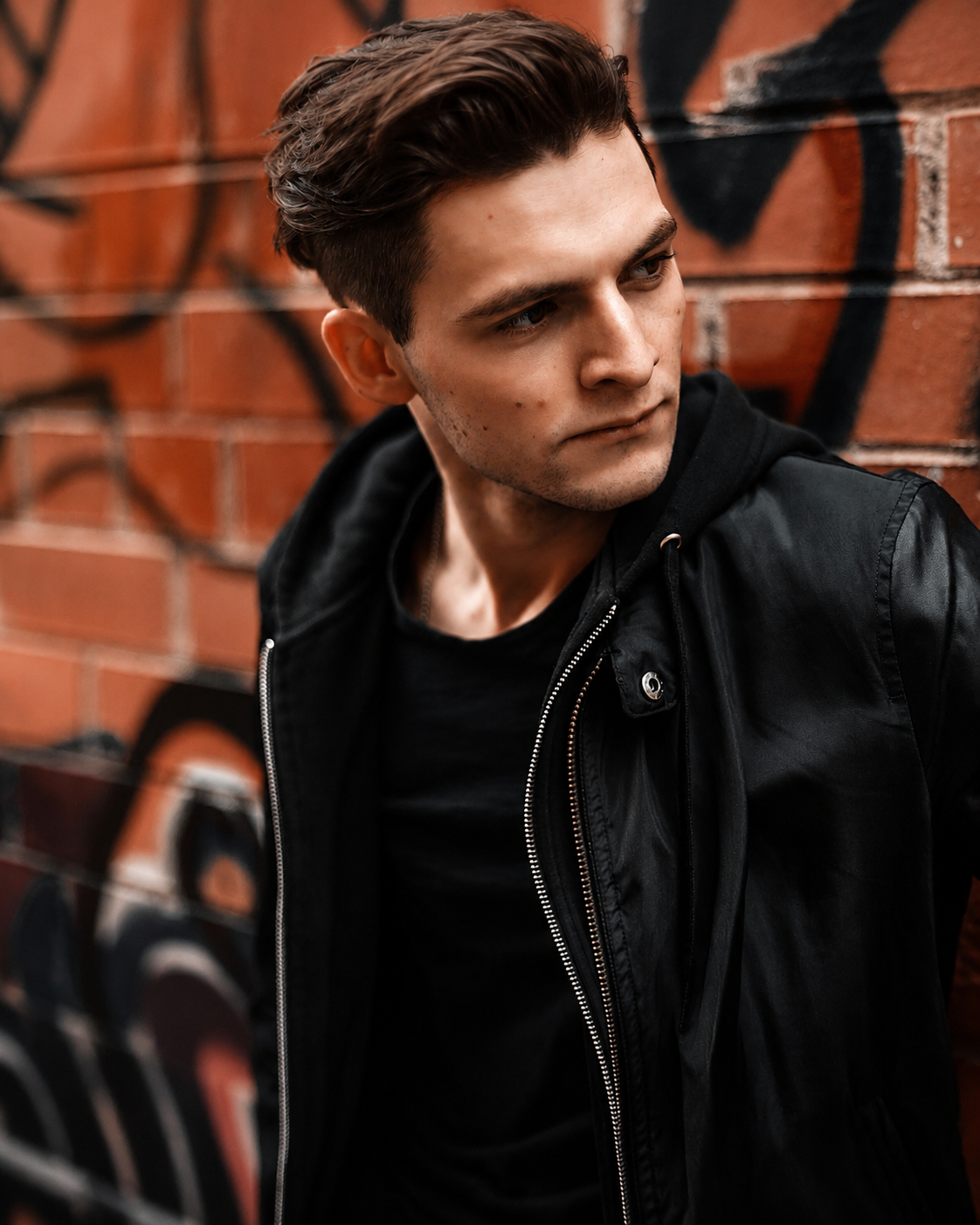 Black Hooded Leather Jacket — Zip-Front Biker