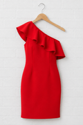 Red One-Shoulder Ruffle Dress — Bodycon Midi