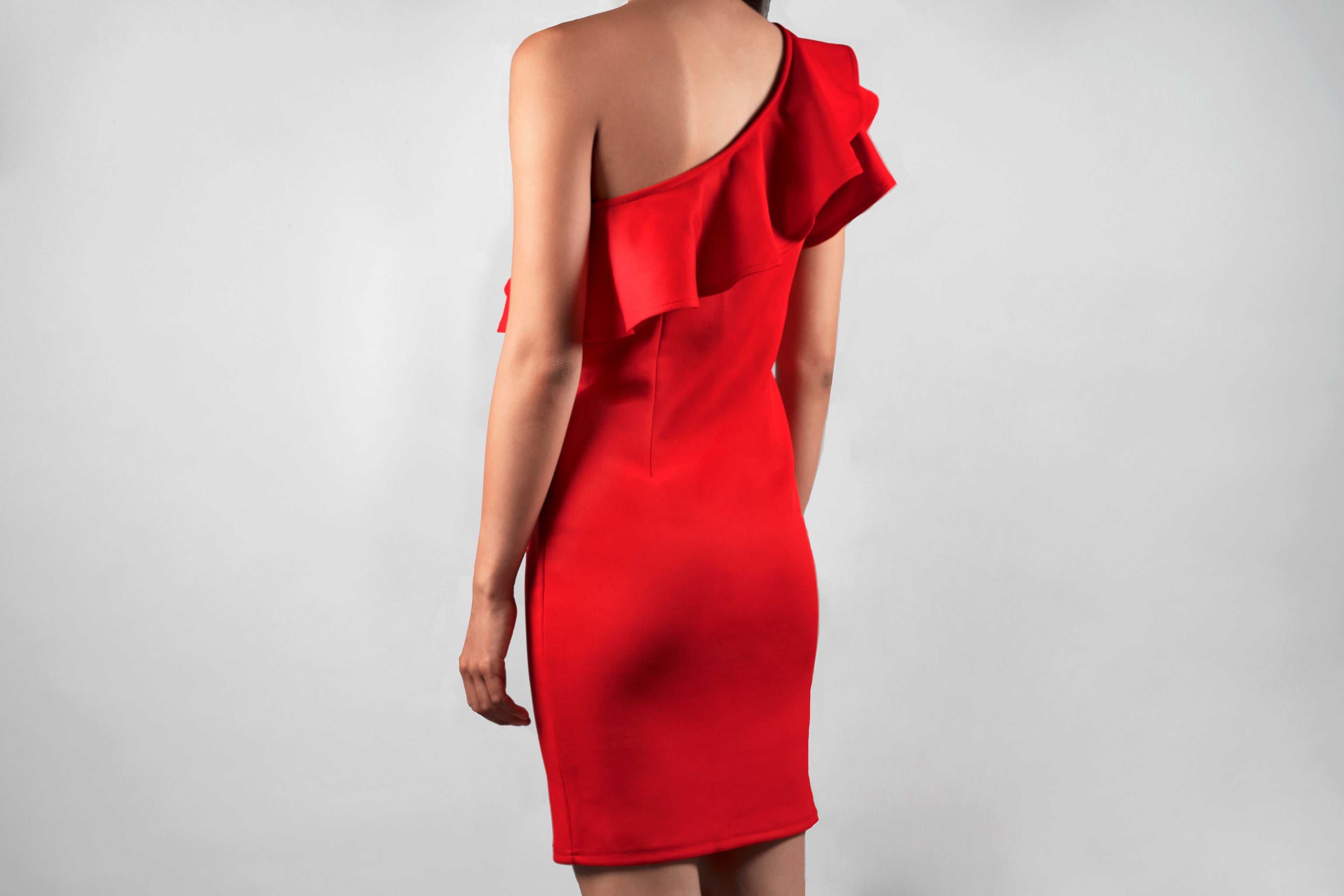 Red One-Shoulder Ruffle Dress — Bodycon Midi