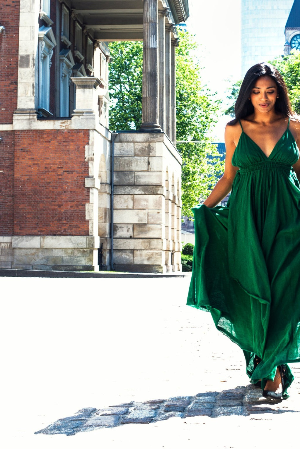 Emerald V-Neck Cami Dress — Smocked Waist