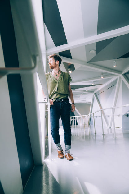 Olive V-Neck Popover Shirt — Relaxed Cotton