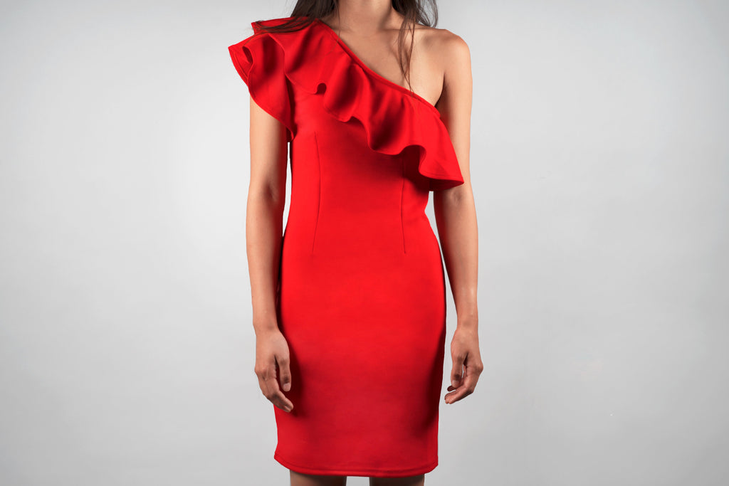 Red One-Shoulder Ruffle Dress — Bodycon Midi