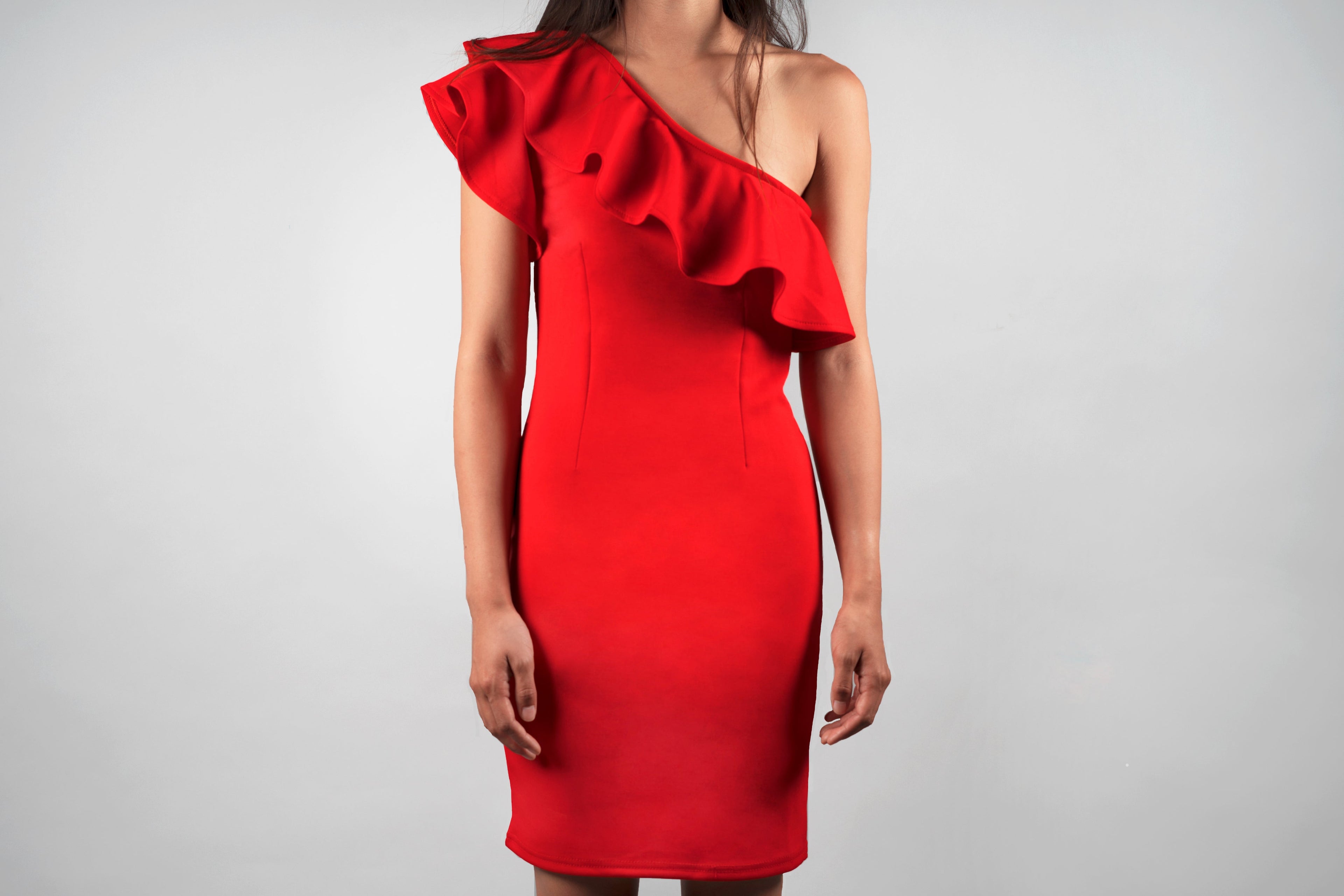 Red One-Shoulder Ruffle Dress — Bodycon Midi