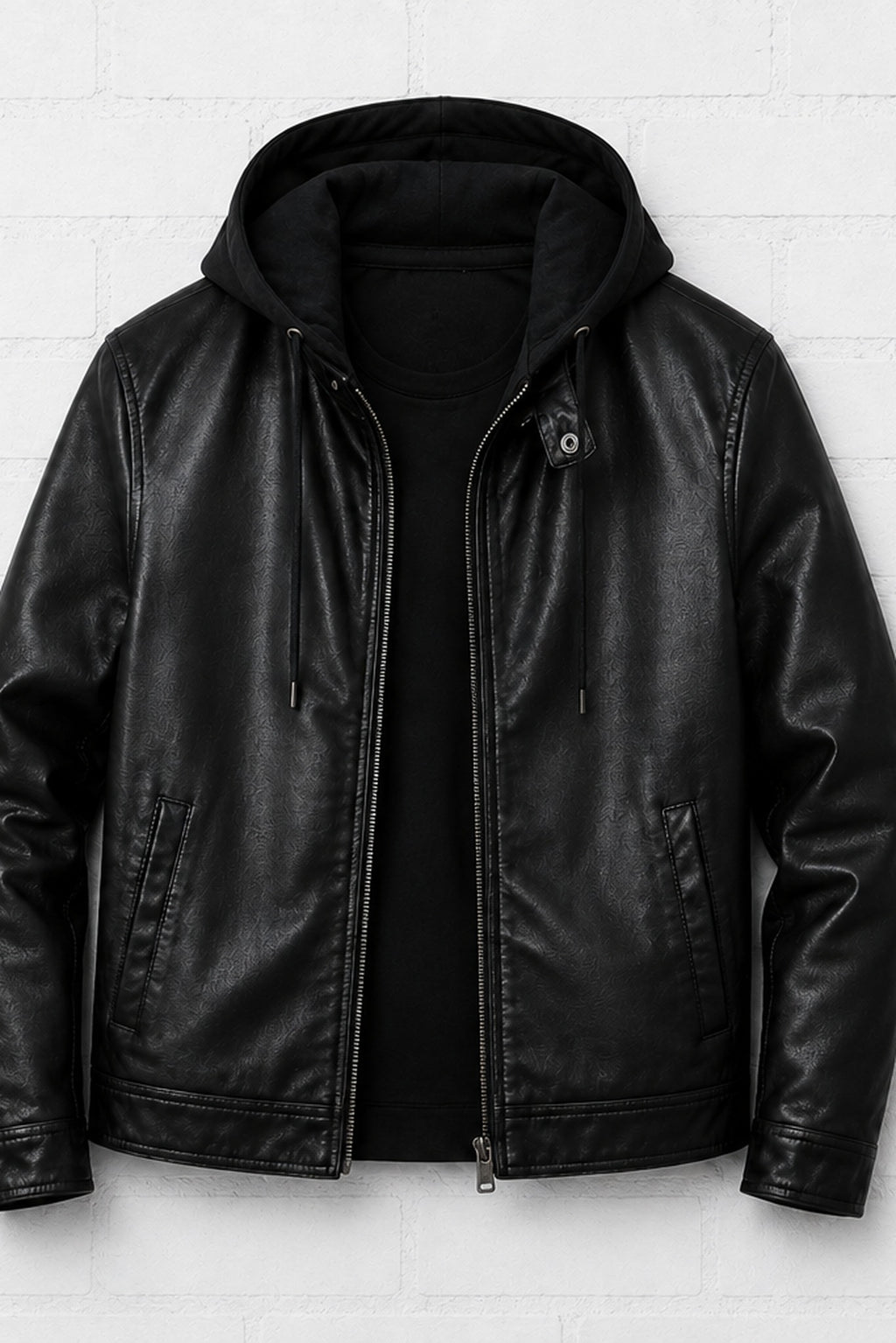 Black Hooded Leather Jacket — Zip-Front Biker
