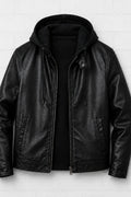 Black Hooded Leather Jacket — Zip-Front Biker