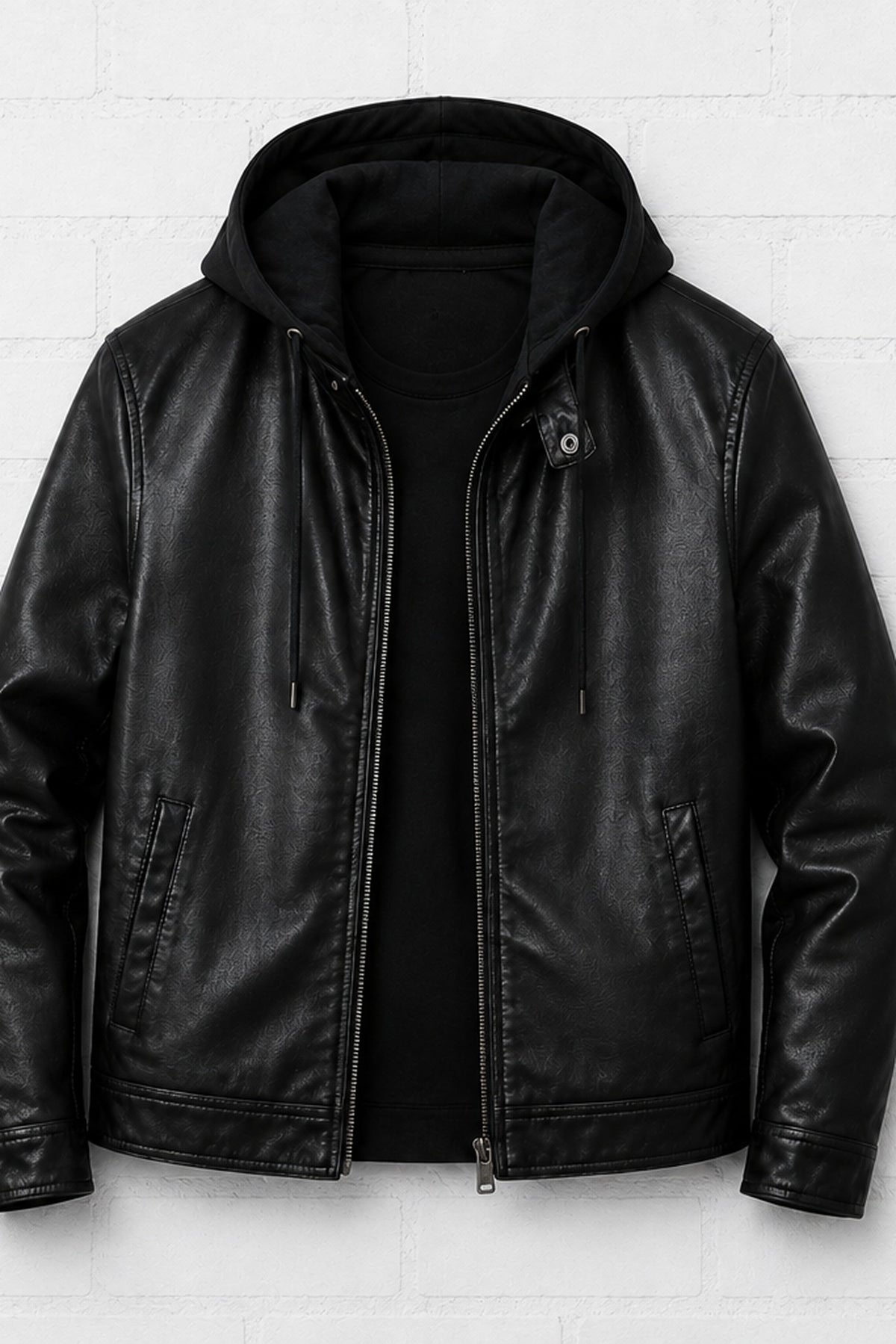 Black Hooded Leather Jacket — Zip-Front Biker