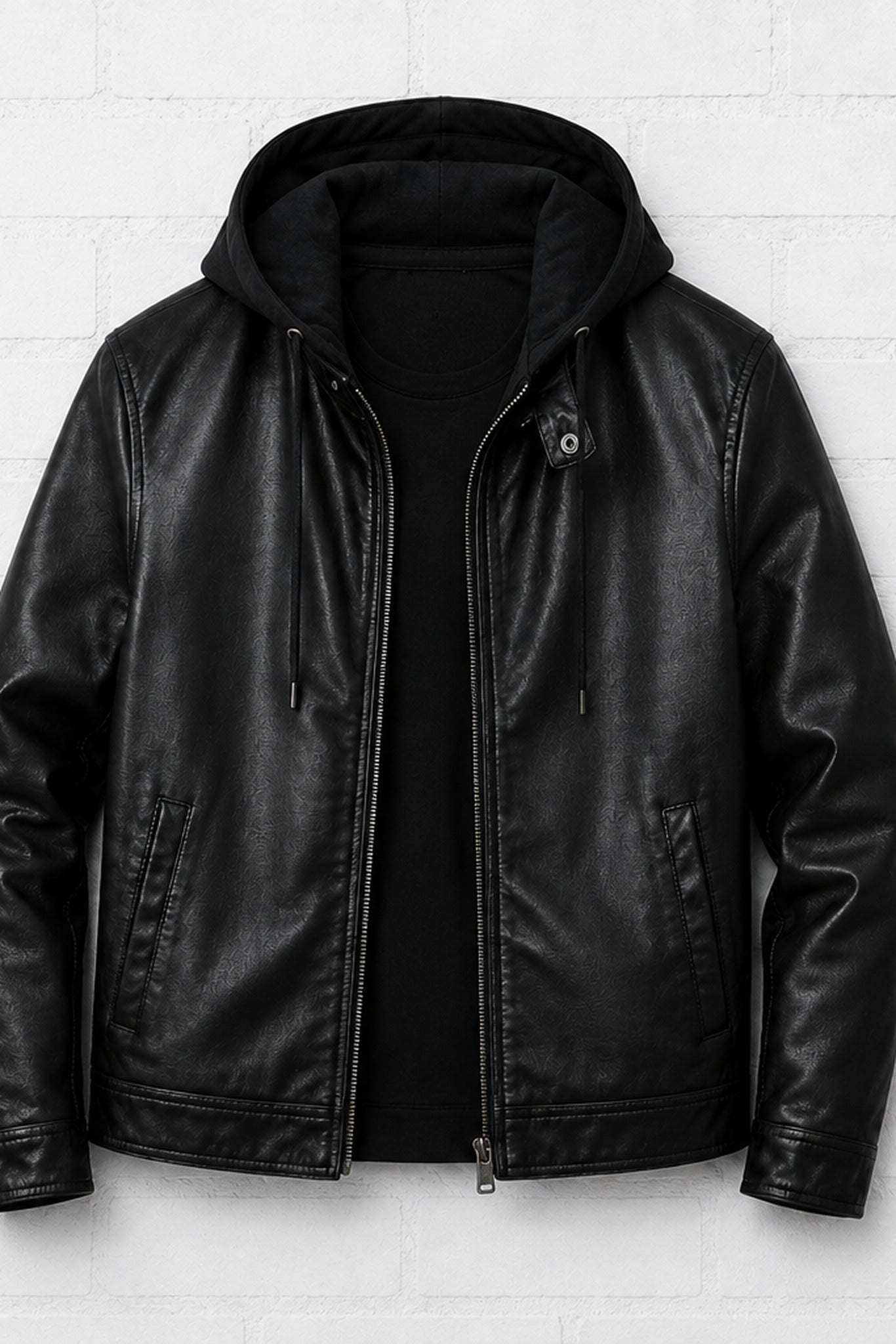 Black Hooded Leather Jacket — Zip-Front Biker