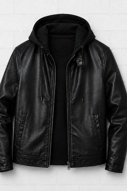 Black Hooded Leather Jacket — Zip-Front Biker