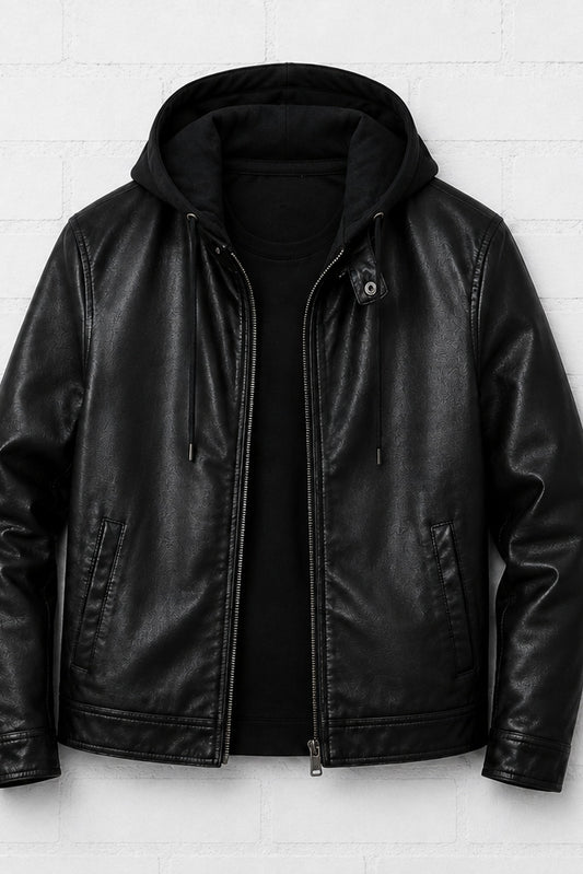Black Hooded Leather Jacket — Zip-Front Biker